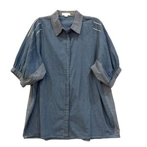 Chic Soul 3X Boutique Blue Chambray Denim Short Sleeve Embroidered Tunic Top